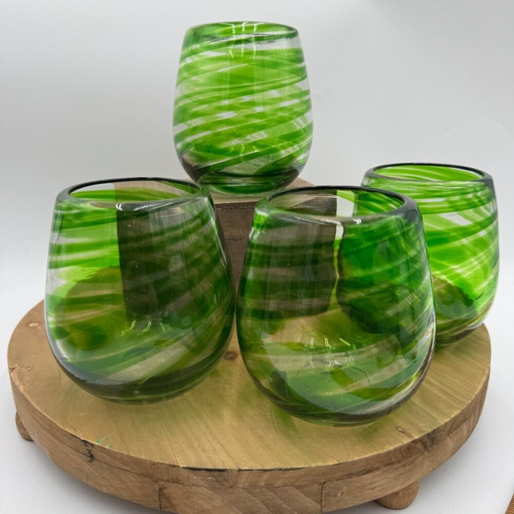 4  Green Swirl Hand Blown Stemless Wine Glasses - Spring, Summer bar ware